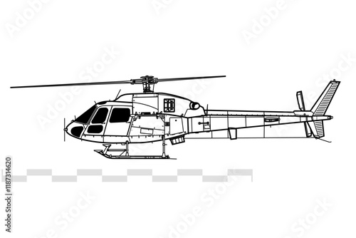 Eurocopter AS555 Fennec 2. Vector drawing of light military helicopter. Side view. Image for illustration and infographics.