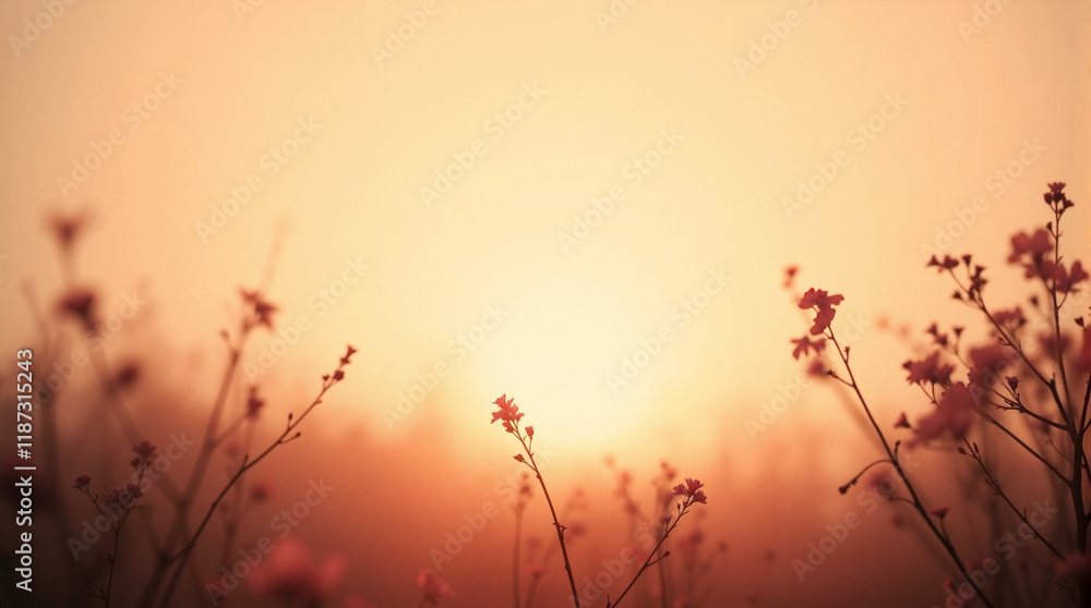 Obraz premium Serene sunset over wildflowers in misty landscape, tranquility