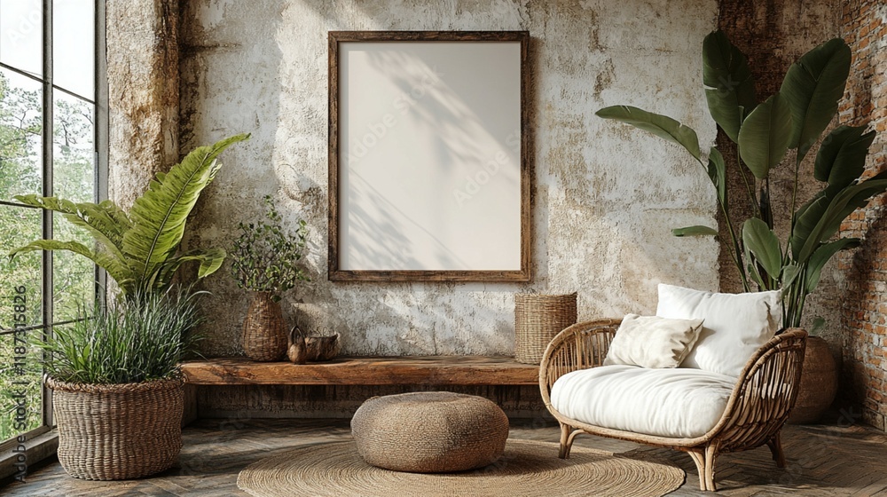 Fototapeta premium Stylish Living Space with Mock-Up Poster Frame