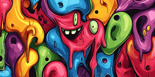 The image is a vibrant and colorful abstract illustration featuring a central, multi-eyed, and smiling figure surrounded by swirling, dripping paint-like shapes in various bright colors photo