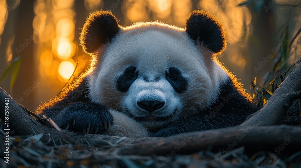 Fototapeta premium Golden sunset, resting panda, serene nature.