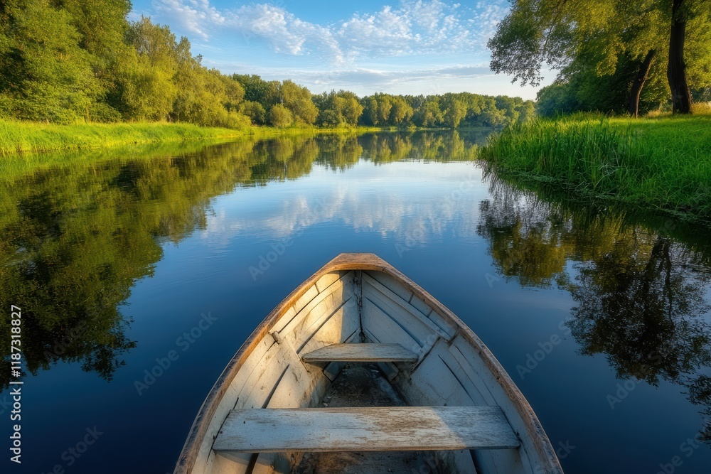 Fishing in a boat on a tranquil river with clear reflections under a bright sky Fishing in a boat on a tranquil river with clear reflections under a bright sky