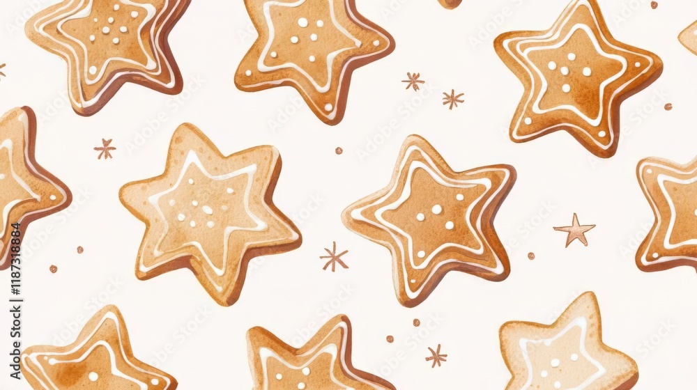 Charming Watercolor Gingerbread Star Cookies Pattern Charming Watercolor Gingerbread Star Cookies Pattern