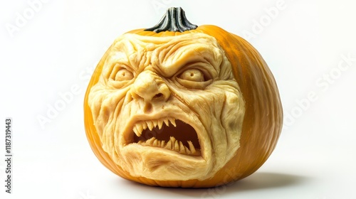 Intricately carved pumpkin depicting a scary face with bared teeth, against a white background. photo