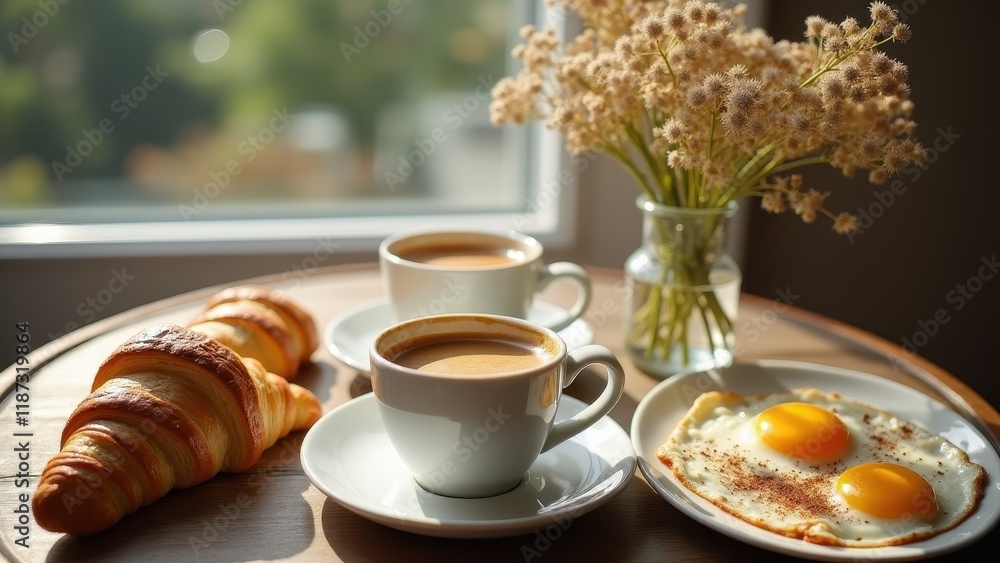 An inviting breakfast scene: two cups of coffee, warm croissants, and a plate of eggs, served with fresh flowers on a cozy kitchen table An inviting breakfast scene: two cups of coffee, warm croissants, and a plate of eggs, served with fresh flowers on a cozy kitchen table