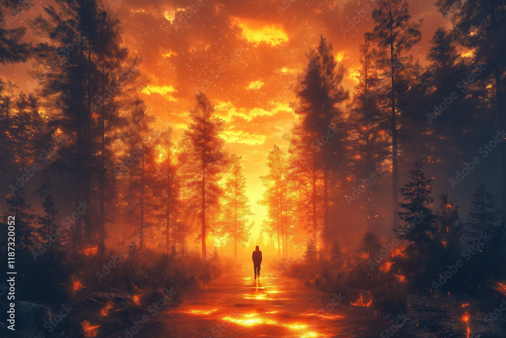 A silhouetted figure walks a path through a firelit forest A silhouetted figure walks a path through a firelit forest
