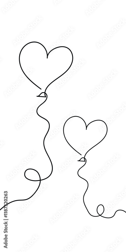 Continuous line drawing of heart and words. Vector illustration. One single line drawing of love concept cute heart shaped for greeting card. Romantic symbol for wedding invitation, Valentine's Day.