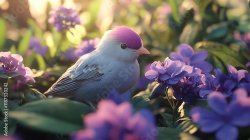 Pink headed bird basking in sunlight among lush garden blooms photo