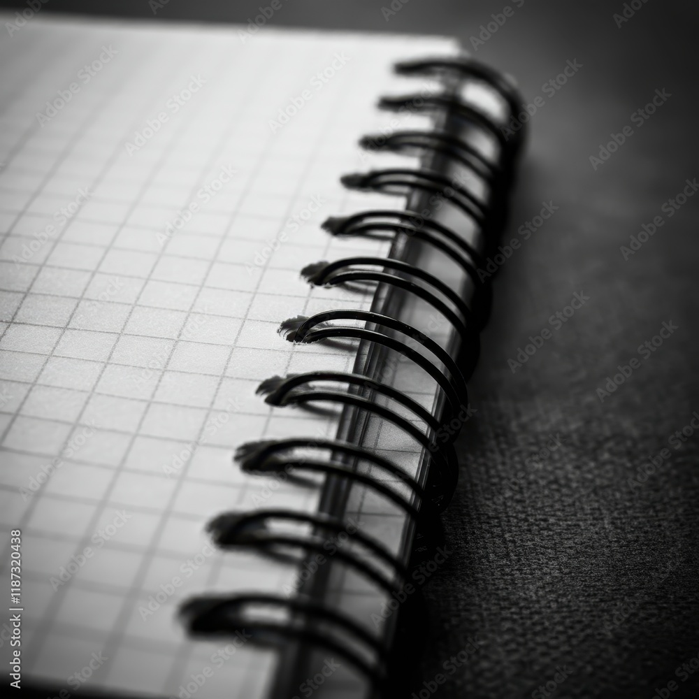 Spiral-bound notebook, graph paper, close-up, minimalist, black and white, clean lines, stationery, office supplies, geometric pattern, shallow depth of field, textured background, precision, organiza Spiral-bound notebook, graph paper, close-up, minimalist, black and white, clean lines, stationery, office supplies, geometric pattern, shallow depth of field, textured background, precision, organiza
