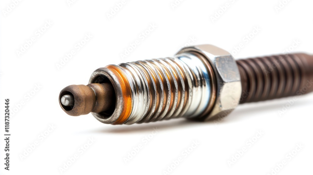 Close-up of a used spark plug isolated on white background, showing details of its threads, insulator, and electrode. Close-up of a used spark plug isolated on white background, showing details of its threads, insulator, and electrode.