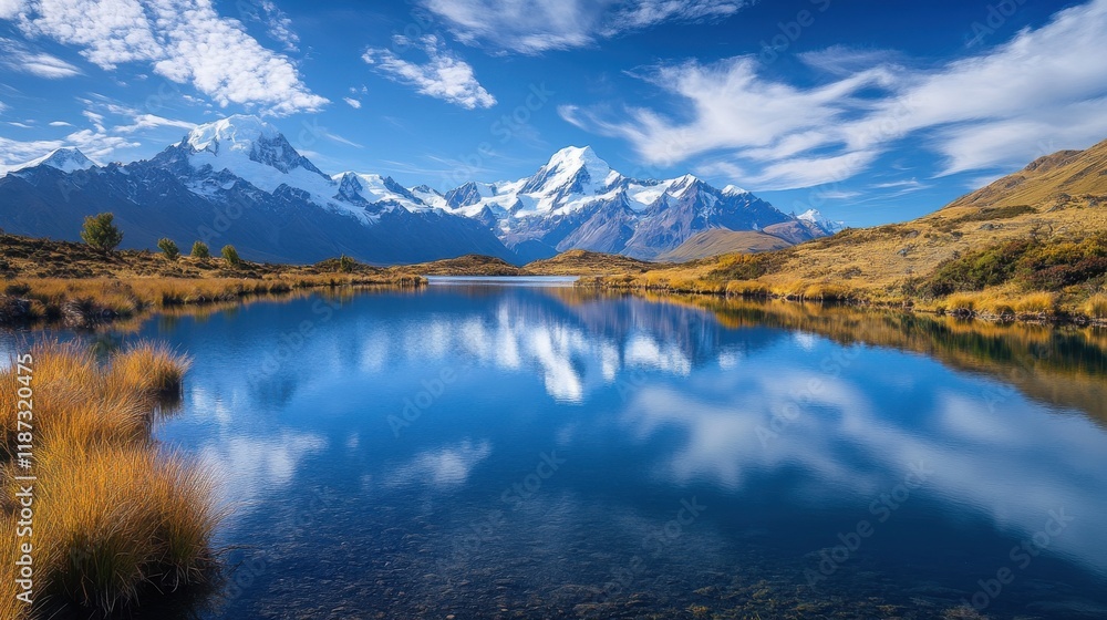 Obraz premium Lake with snow-capped peaks and azure sky reflections