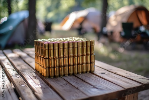 S Hunting cartridges arranged in a neat stack on a wooden table in a forest camping area photo