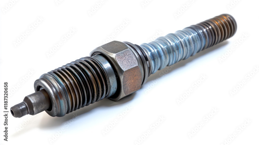 Close-up of a used, metallic glow plug with visible wear and corrosion against a white background. Close-up of a used, metallic glow plug with visible wear and corrosion against a white background.