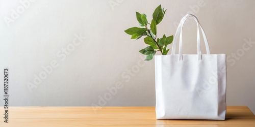 A stylish white shopping bag with green leaves peeking out symbolizes eco-friendly shopping choices and the growing trend towards sustainable consumer behaviors in modern society. photo