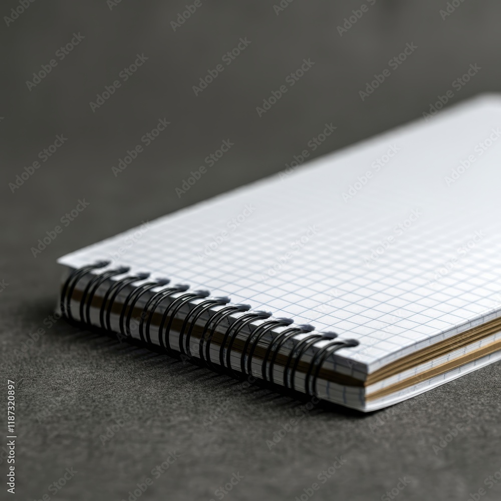 Spiral-bound notebook, graph paper, close-up, minimalist, black and white, clean lines, stationery, office supplies, geometric pattern, shallow depth of field, textured background, precision, organiza Spiral-bound notebook, graph paper, close-up, minimalist, black and white, clean lines, stationery, office supplies, geometric pattern, shallow depth of field, textured background, precision, organiza