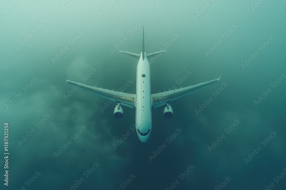 Fototapeta premium Airplane descending through foggy clouds.