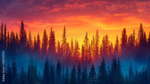 Stunning Sunrise Over Misty Forest Landscape with Vibrant Colors