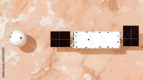 Aerial view of spacecraft and orbiter on Mars-like terrain. photo