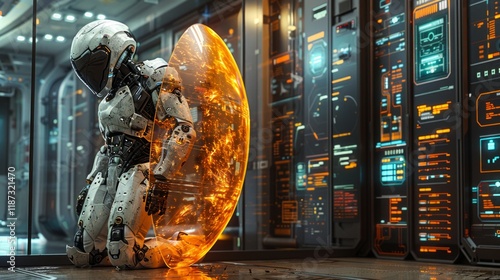 Cyberpunk Robot Sheltering in a Force Field