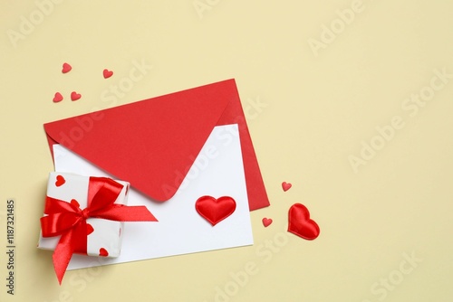 Paper card with envelope, gift box and hearts on color background
