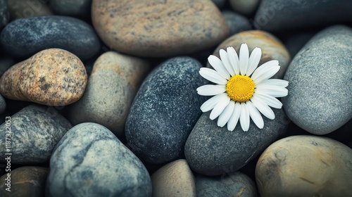 Single daisy flower on grey smooth stones.