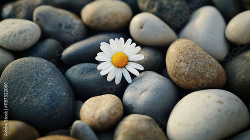 Single white daisy nestled amongst smooth grey, brown, and white stones.