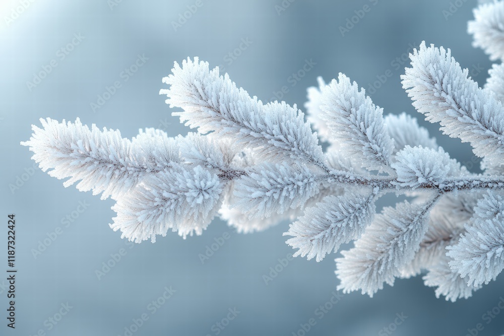Frost-covered branch showcasing intricate details against a light gray background Frost-covered branch showcasing intricate details against a light gray background