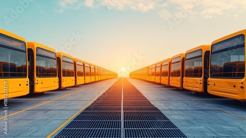 Electric bus transportation system urban landscape public transport sunrise view sustainable mobility concept photo