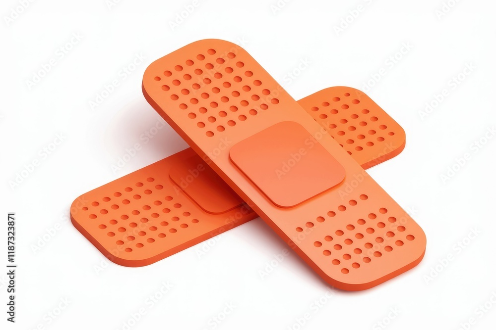 Two orange adhesive bandages, crisscrossed, isolated on a white background. Two orange adhesive bandages, crisscrossed, isolated on a white background.