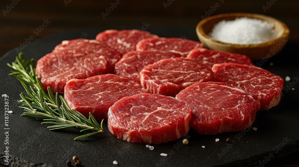 Raw steaks are beautifully displayed on a dark surface, accompanied by fresh herbs and a bowl of coarse salt, showcasing their quality and freshness Raw steaks are beautifully displayed on a dark surface, accompanied by fresh herbs and a bowl of coarse salt, showcasing their quality and freshness