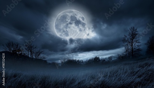 a full moon glowing ominously in a dark cloudy halloween sky casting eerie shadows over a haunted landscape