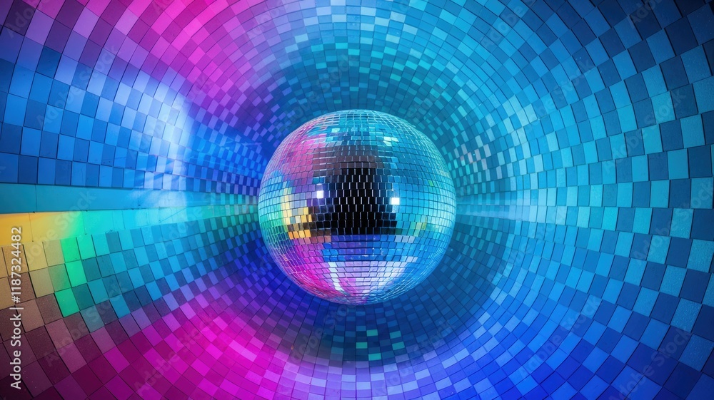 Disco ball in a vibrant, colorful, geometric tunnel, radiating energy and style. Disco ball in a vibrant, colorful, geometric tunnel, radiating energy and style.