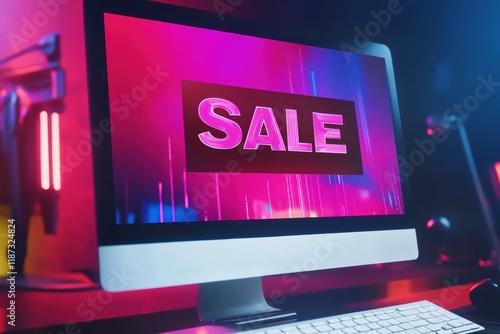 Online Boxing Day sale displayed on a computer screen amidst vibrant lighting atmosphere