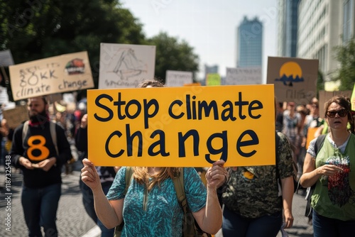 People protest for climate action holding placards in urban setting on a sunny day photo