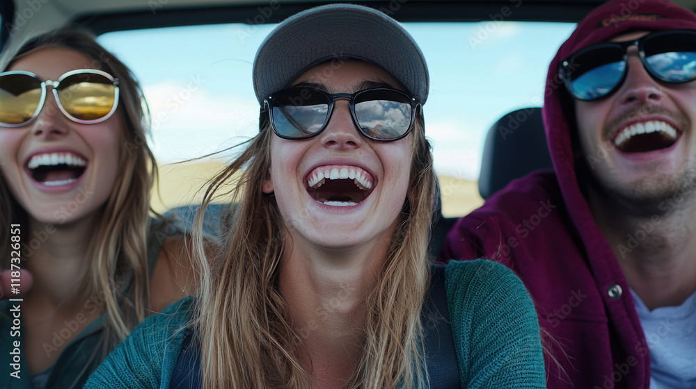 Three people are smiling and laughing in a car Three people are smiling and laughing in a car