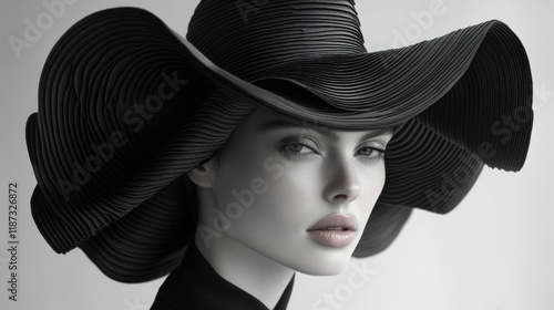 Wallpaper Mural A model showcases a stunning black hat featuring a unique ruffled brim, perfectly matching her minimalist outfit in a chic environment Torontodigital.ca