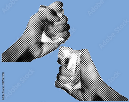 Close up of hand squeezing an empty pack of cigarettes pixelate grayscale color halftone dotted texture style collage element isolated on blue background