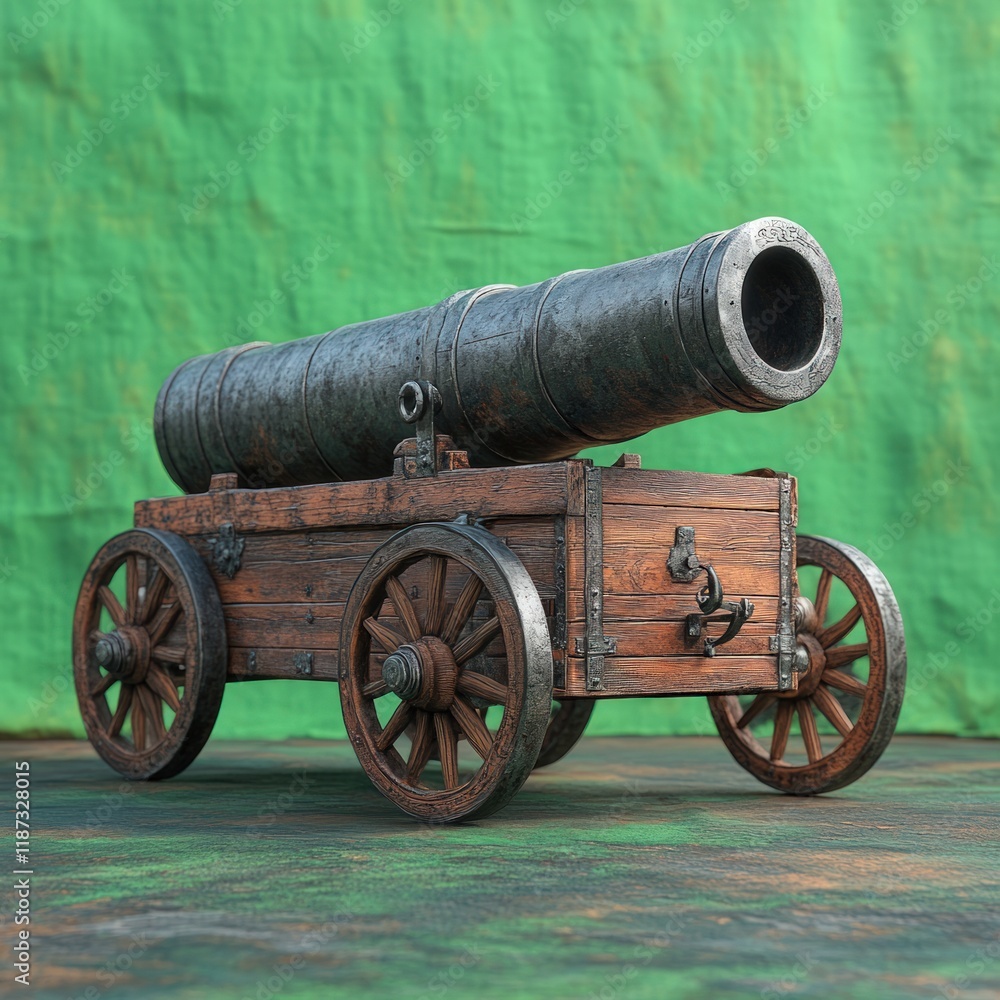 Antique cannon on wooden carriage, green background. Antique cannon on wooden carriage, green background.