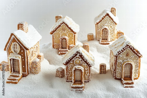 Winter wonderland of gingerbread houses on a snowy backdrop photo