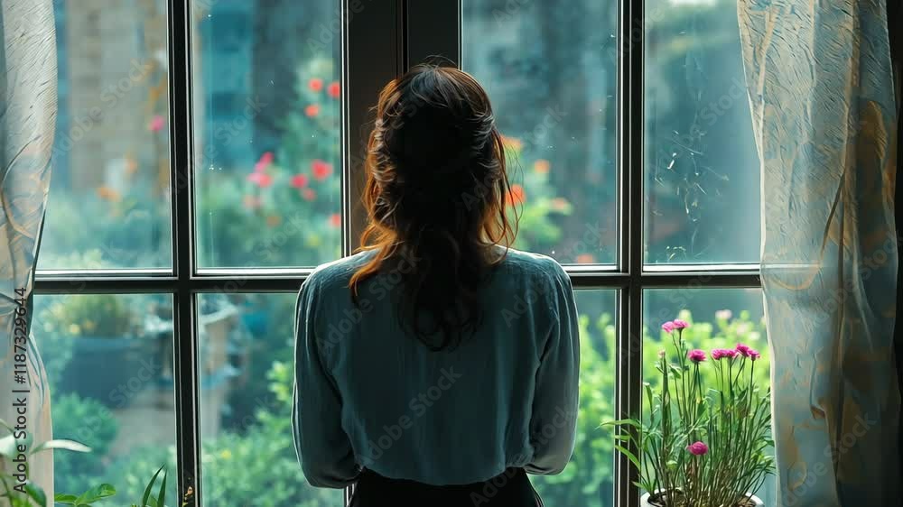 Back view of a lady walking through a window into a residence Back view of a lady walking through a window into a residence