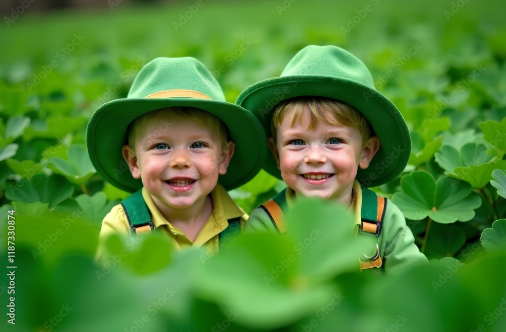 Two small children in green hats between green clover leaves Two small children in green hats between green clover leaves