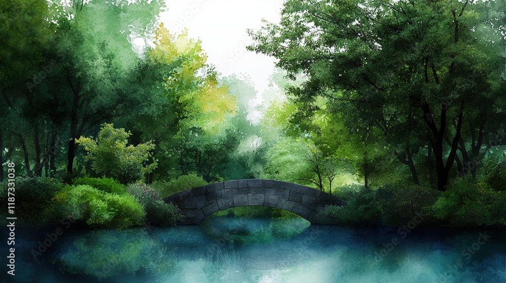 A bridge spans a river in a lush green forest A bridge spans a river in a lush green forest