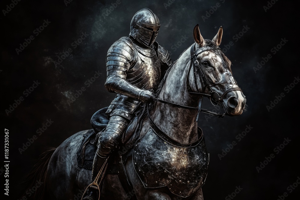 Naklejka premium A knight clad in polished armor rides a powerful warhorse. The dramatic lighting highlights their commanding presence against a shadowy backdrop, evoking a sense of history