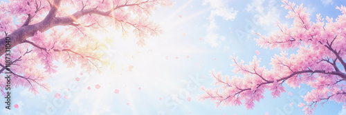Cherry blossom branches with sunlight and pink petals in blue sky
