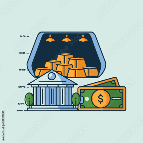 vector colorful economy trading graph cash money linked with curved dash line over the world bank 
