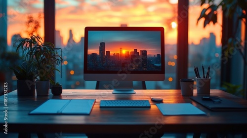 City Skyline at Sunset Viewed From a Modern Workspace With Green Plants. Generative AI