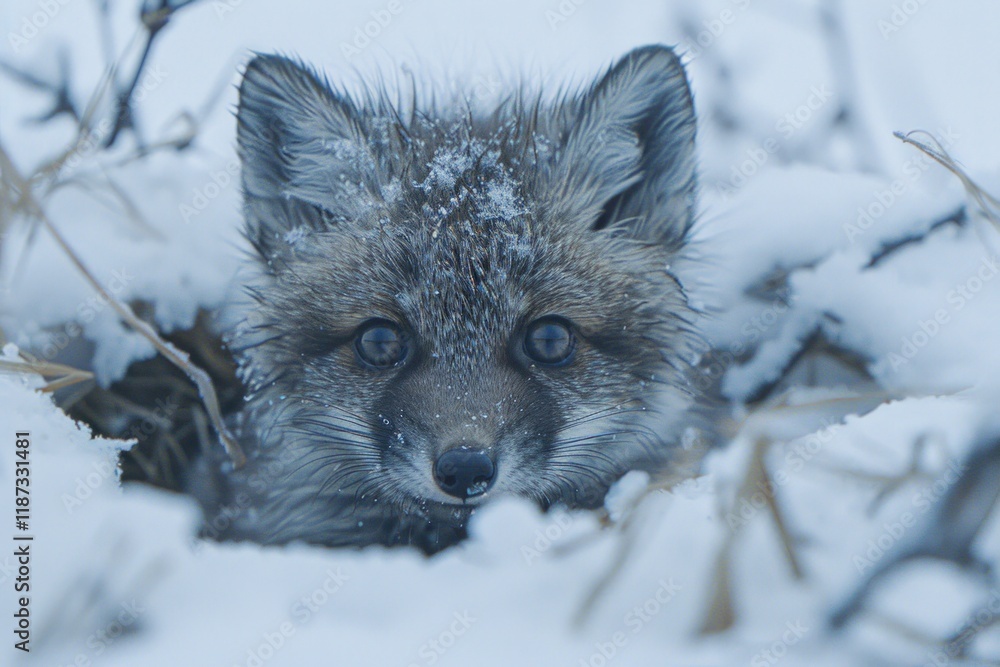 Naklejka premium Adorable fox kit peeking from snowy den, winter wildlife.