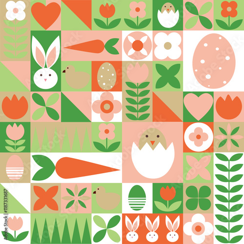 Easter bauhaus pattern, background, bunny, chicken, egg, geometrical, modern, spring, nature, flat style, vector illustration. 
