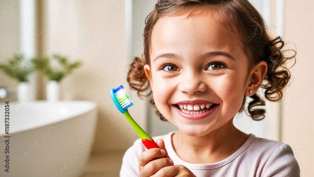 Portrait of happy little girl with toothbrush in bathroom Portrait of happy little girl with toothbrush in bathroom