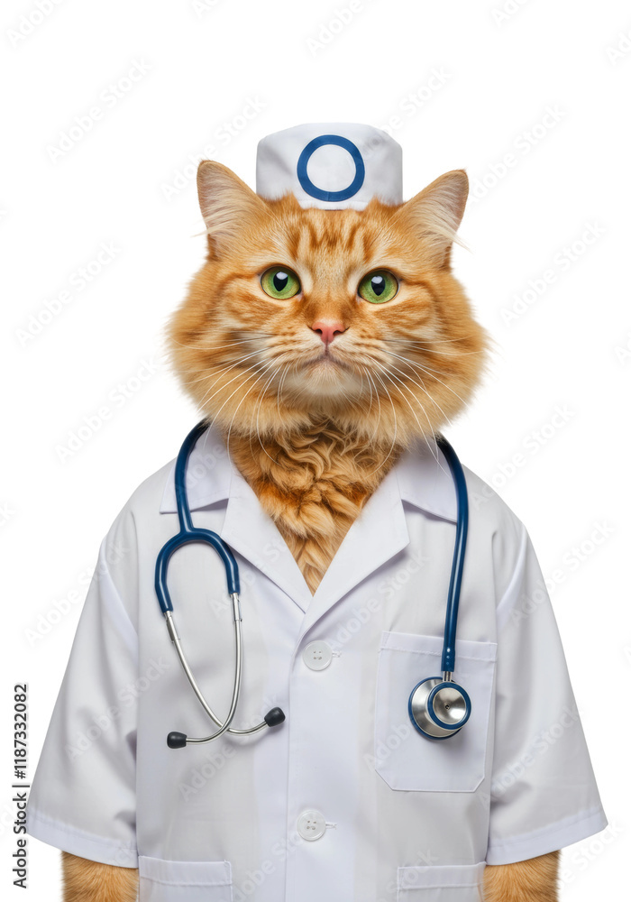 A portrait of a cat wearing a white doctor's coat with a stethoscope around its neck, white background.
A portrait of a cat wearing a white doctor's coat with a stethoscope around its neck, white background.